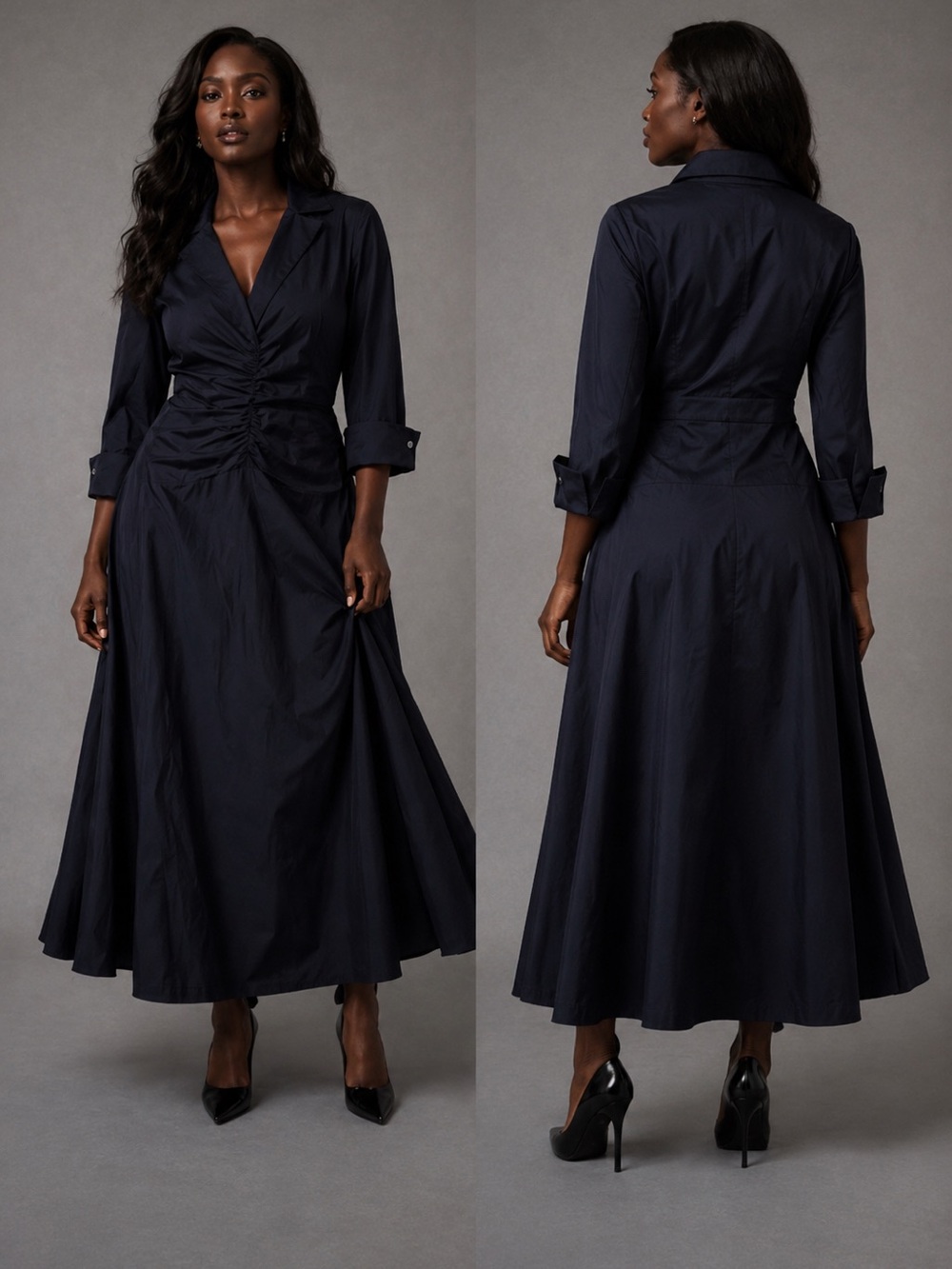 Navy Blue Long Sleeve Maxi Dress with Button Cuffs
